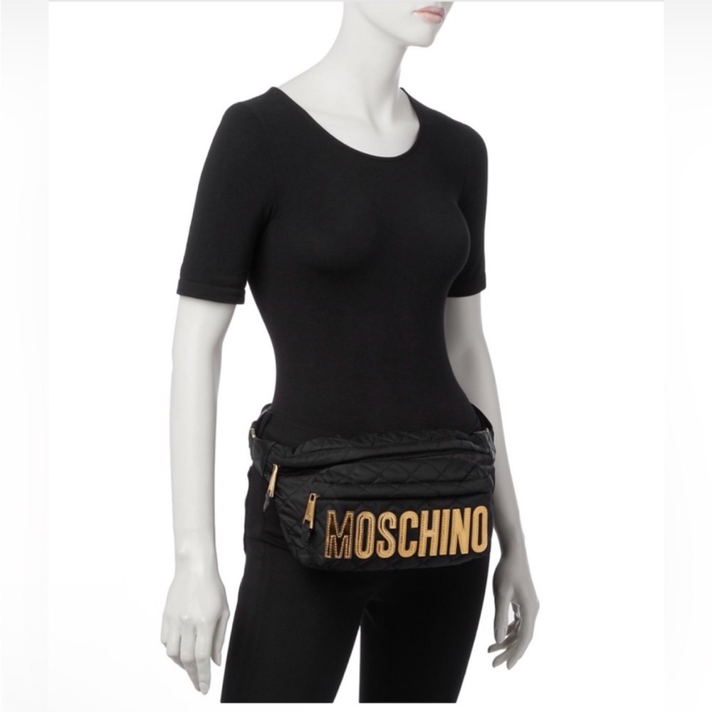MOSCHINO Quilted Bum Bag Waist Bag Fanny Pack Black Large Gold Logo + Bag Charm - Picture 10 of 14